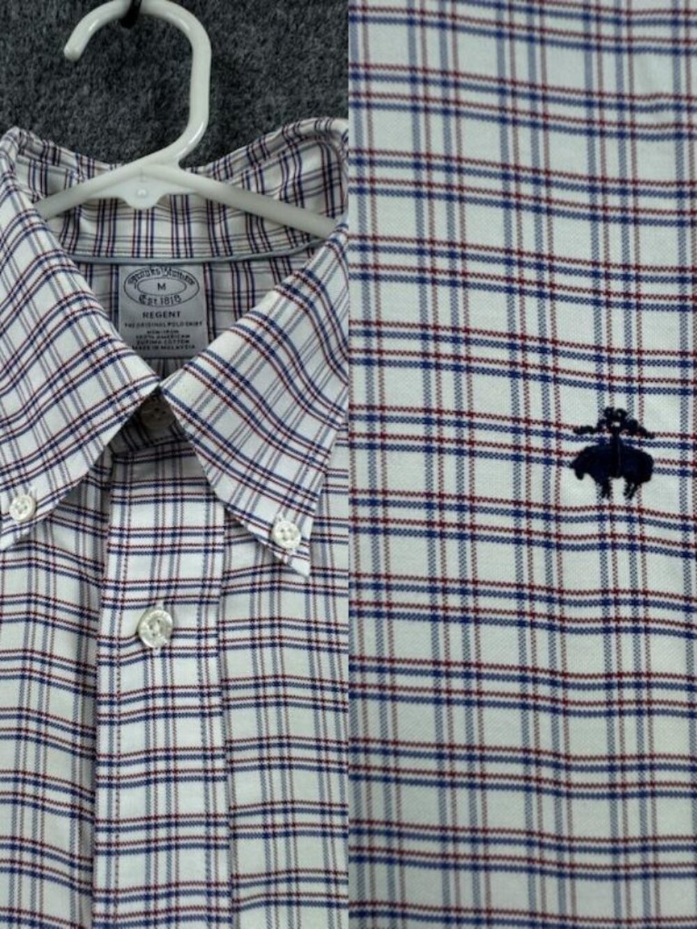 Brooks Brothers OCBD Regent Check All Cotton Men Supima White Blue Logo Medium